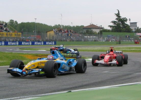 Fernando Alonso and Michael Schumacher battle for the lead of the 2005 San Marino Grand Prix